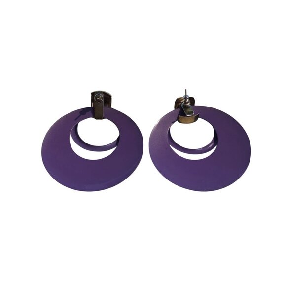 Vintage Purple Enamel Oversized Hoop Statement Earrings With Gold Tone Accent - Picture 2 of 5